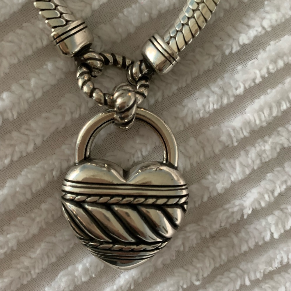 Brighton Silver Plate  ribbed roped Heart Lock Snake Statement Choker Necklace